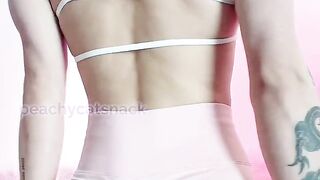 Cute and petite Asian muscle girl flexes and flashes her tits and pussy