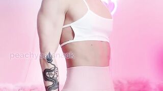 Cute and petite Asian muscle girl flexes and flashes her tits and pussy