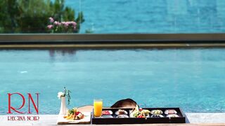 Regina Noir. Tits teasing at swimming pool. Nudist hotel. Nudism outdoors.